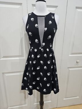 Iron Fist Y2K Punk Goth Black & White Skull Mesh Insert Tank Skater Mini Dress S